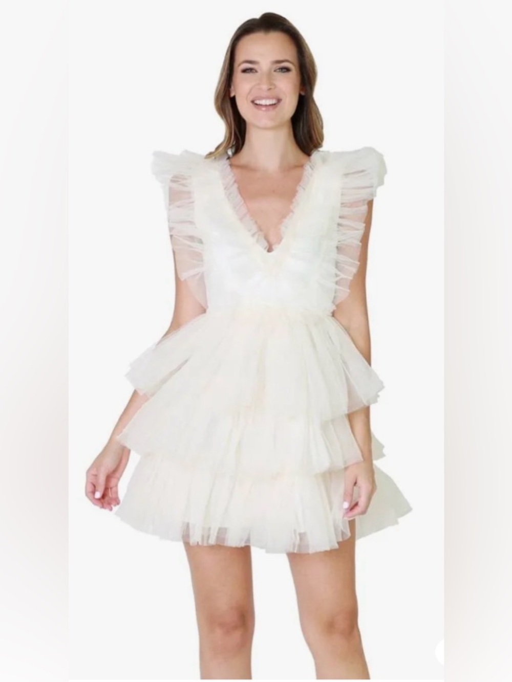 Mable Bridal Tulle Plunge MiniDress Cocktail Cream Champagne Balletcore Coquette